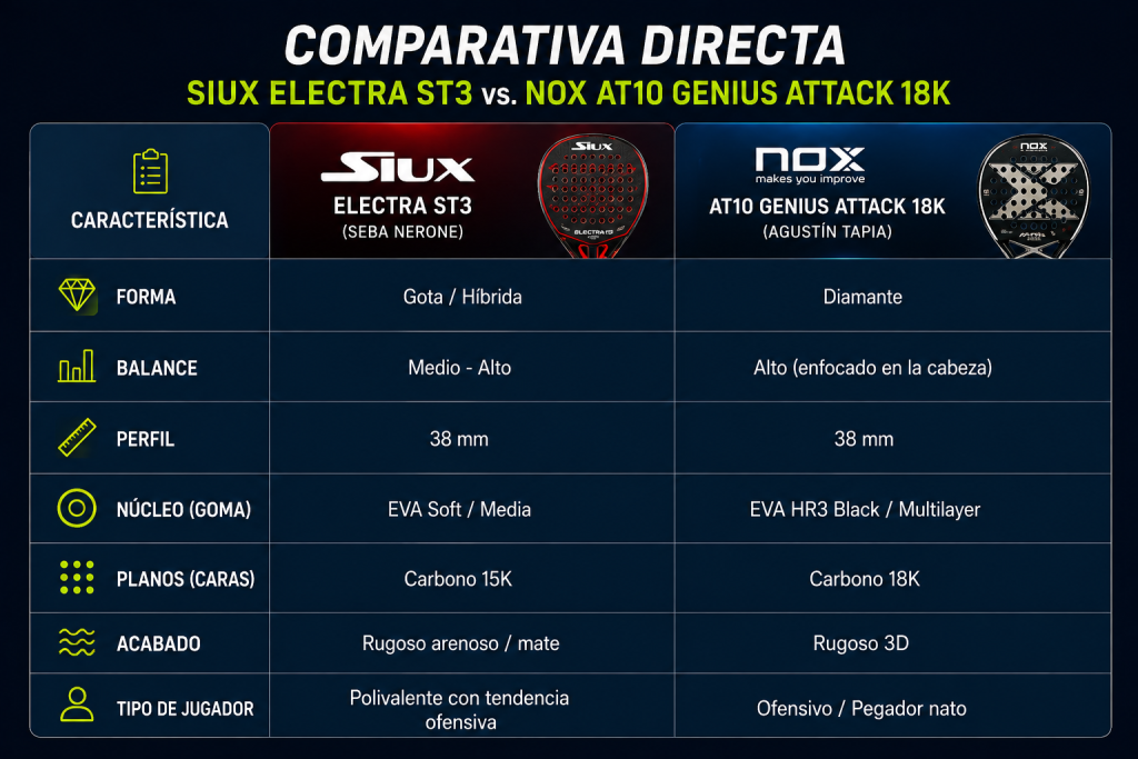 Comparativa Siux Electra ST3 vs Nox AT10 Genius Attack 18K: forma, balance, núcleo y tipo de jugador