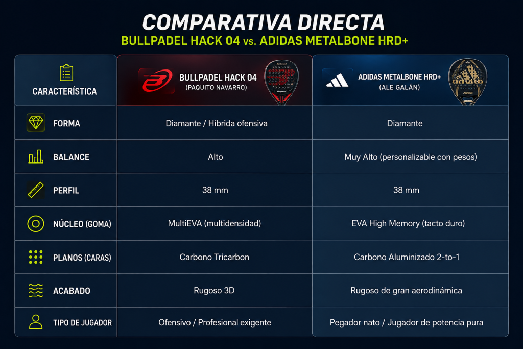 Comparativa Bullpadel Hack 04 vs Adidas Metalbone HRD+: forma, balance, núcleo y tipo de jugador